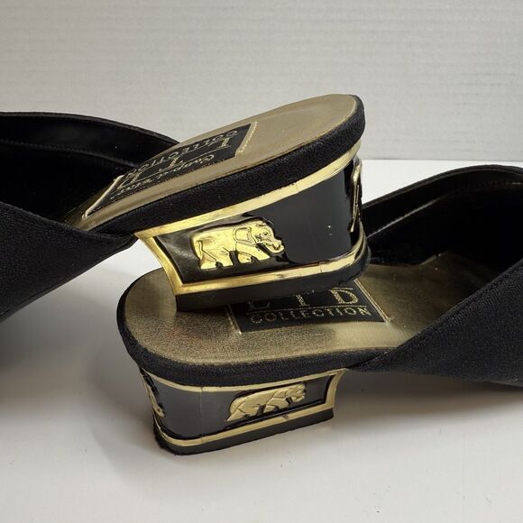 Vintage Coup D’etat Black Fabric Upper Gold Elephant Heel Slip On Mules Sz 7.5 - Picture 9 of 9